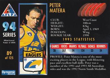 1994 Dynamic AFLPA #89 Peter Matera Back